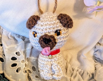 Amigurumi Crocheted Dog Ornament, Tan Pug dog