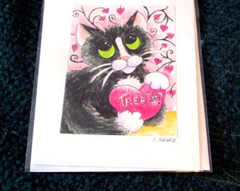 Greeting Cards from Original Drawings, Blank interior, Cat Art, Title- I Heart Treats