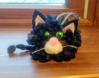 Black Puff Kitty Ornament with green eyes