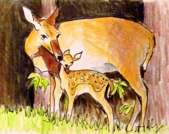 Deer, Wildlife art, Print of Original Drawing, Animal Art,  Title- Tender, Deer Moment