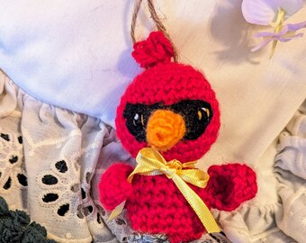 Amigurumi Crocheted Bird Ornament, Northern Cardinal