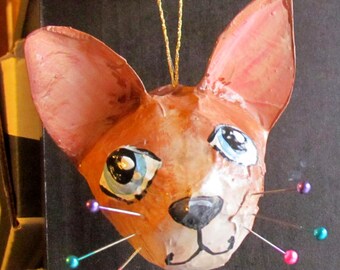 Handmade Cat Ornament, Sphinx Cat and Pin Whiskers