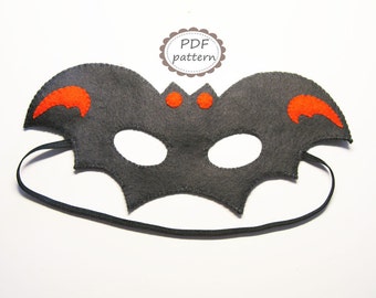 PDF PATTERN Bat felt mask sewing tutorial instruction - Black Orange - DIY Halloween costume accessory for boys girls adults Dress up play