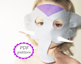 PDF PATTERN Elephant felt mask sewing tutorial instruction DIY handmade grey animal costume accessory for boys girls adults Dress up play