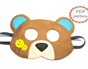 PDF PATTERN Bear felt mask sewing tutorial instruction DIY handmade brown animal costume accessory for boys girls adults Dress up play