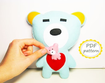 Felt bear pattern with baby in pocket - DIY cute toy pdf sewing instruction suffed soft plush tutorial Valentine day gift - Instant Dawnload