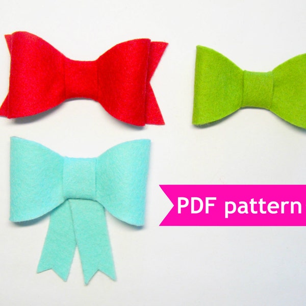 Felt bow pattern 3 shapes PDF sewing tutorial instructions bows for decor, hair clip, headband, brooch, bow tie, Christmas Wedding ornaments