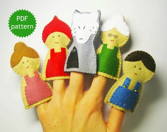 Little Red Riding Hood felt finger puppets PDF pattern wolf animal sewing tutorial - set of 5 Handmade cute soft toys DIY - Instant Dawnload