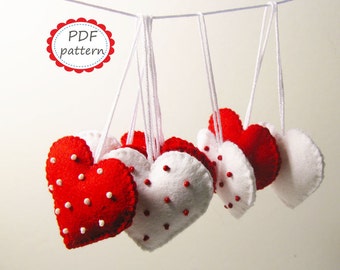 Felt heart decor pattern Polka dot Red White ornaments DIY - pdf sewing tutorial instructions handmade gift for Christmas Valentine Wedding