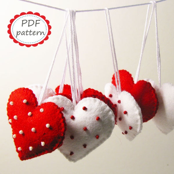 Felt heart decor pattern Polka dot Red White ornaments DIY - pdf sewing tutorial instructions handmade gift for Christmas Valentine Wedding