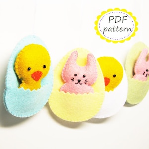 Easter decor pattern felt ornaments egg chicken bunny DIY cute soft hanging toy pdf tutorial sewing instructions Instant Download image 1