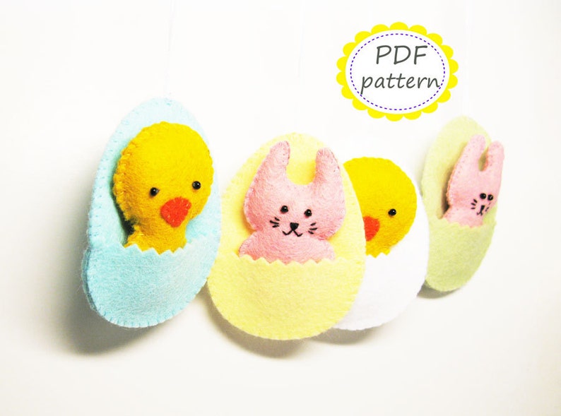 Easter decor pattern felt ornaments egg chicken bunny DIY cute soft hanging toy pdf tutorial sewing instructions Instant Download image 1