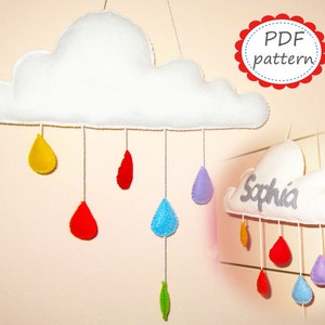 Felt mobile pattern cloud with raindrops White Rainbow DIY room decor pdf sewing instructions tutorial - handmade personalized gift hanging