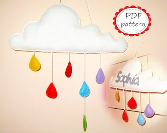 Felt mobile pattern cloud with raindrops White Rainbow DIY room decor pdf sewing instructions tutorial - handmade personalized gift hanging