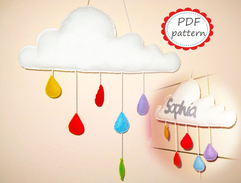 Felt Mobile Pattern Cloud With Raindrops White Rainbow DIY Etsy