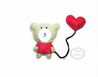 Felt bear heart brooch pattern double animal brooch - DIY pdf sewing tutorial instructions - handmade Valentine day gift - Instant Dawnload