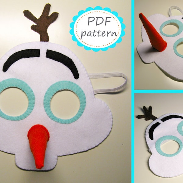 PATRÓN PDF Muñeco de nieve Olaf máscara de fieltro tutorial de costura instrucción DIY hecho a mano accesorio de disfraz de congelado blanco para niño niña adulto Juego de vestir