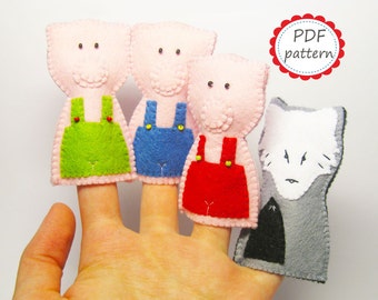 Three Little Pigs Wolf Felt finger puppets PATTERN set PDF sewing tutorial instructions Handmade cute soft animal toys DIY- Instant Dawnload