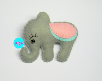 Felt animal brooch pattern elephant PDF sewing instructions tutorial - cute soft grey pin DIY make your own gift - Instant Dawnload