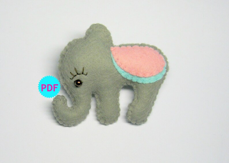 Felt animal brooch pattern elephant PDF sewing instructions tutorial cute soft grey pin DIY make your own gift Instant Dawnload image 1