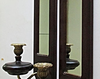 Pair of Tall Wooden Mirrored Wall Candle Sconces with Brass Candle Cups, Wall Lighting, Colonial, American Heritage Design, Wall Decor