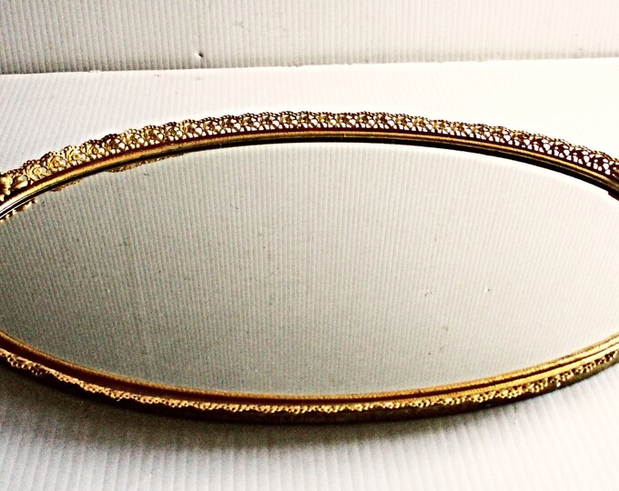 Vintage Mirrored Vanity Tray Repainted in Gold, Midcentury Glass Tray