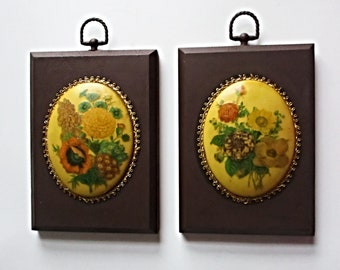 Vintage Convex Floral Inlay Art Work on Wood, Vintage Wall Decor, Vintage Hangings - CH
