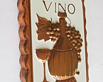 Kitchen Copper Wall Decor, VINO Wall Plaque, Copper Decor, Wine Decor, Italian Wall Sign, Var Decor, Grapes and Champagne Glass