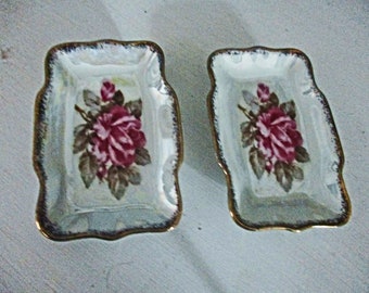Porcelain Trinket Dishes By Metasco, Made in Japan, Pink Rose Design with Gold Rimmed Edges
