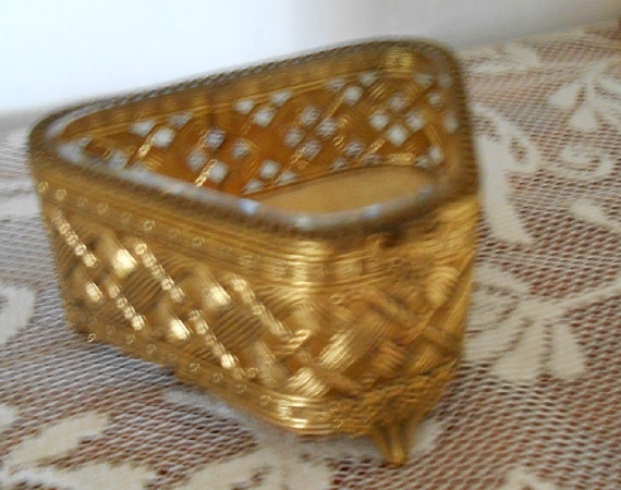 Matson Jewelry Box, Vintage, Gold, Beveled Glass, Filligree
