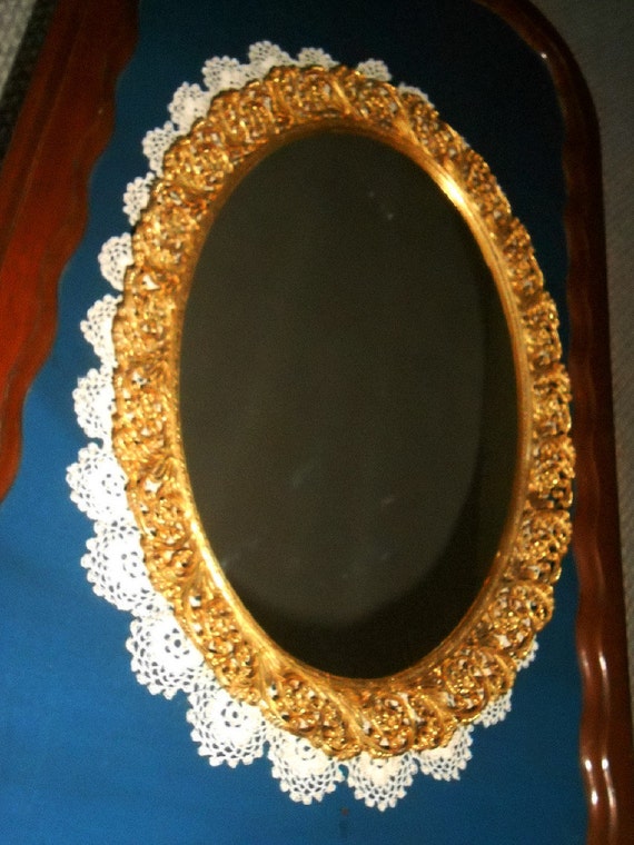 Vanity Glass Mirror Tray Large Vintage Gold Oval Image 0