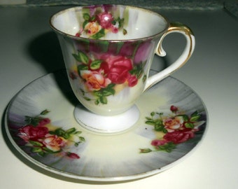 Made In Japan, Vintage, Fine China, Mini Cup and Saucer, Floral Design, Gold Rimmed, Collectible Plates
