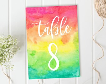 Colourful table numbers for weddings or parties, Multicolour Wedding Table Numbers, Printable Table Numbers, Party Table Numbers, Table card