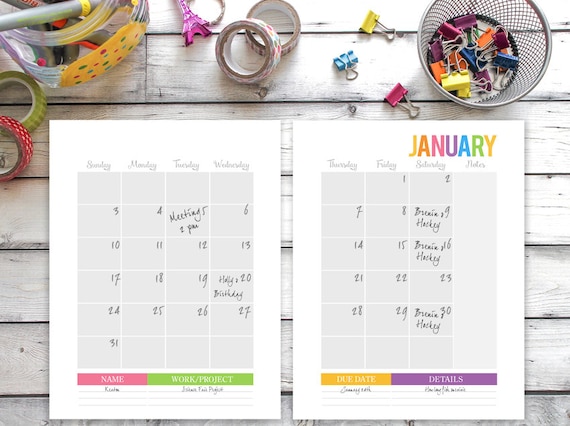 Printable Calendar ANY YEAR, Family Binder Calendar, Family Planner, Full  Sheets 8.5 X 11, Daily Planner Inserts, Digital, Two Page Monthly 