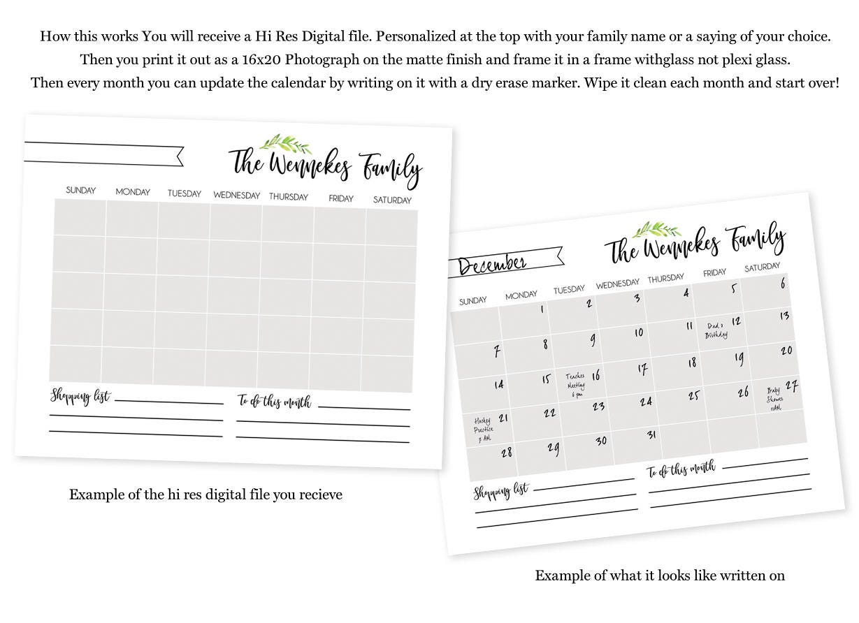 Family Calendar Printable Personalized Calendar Printable - Etsy Canada