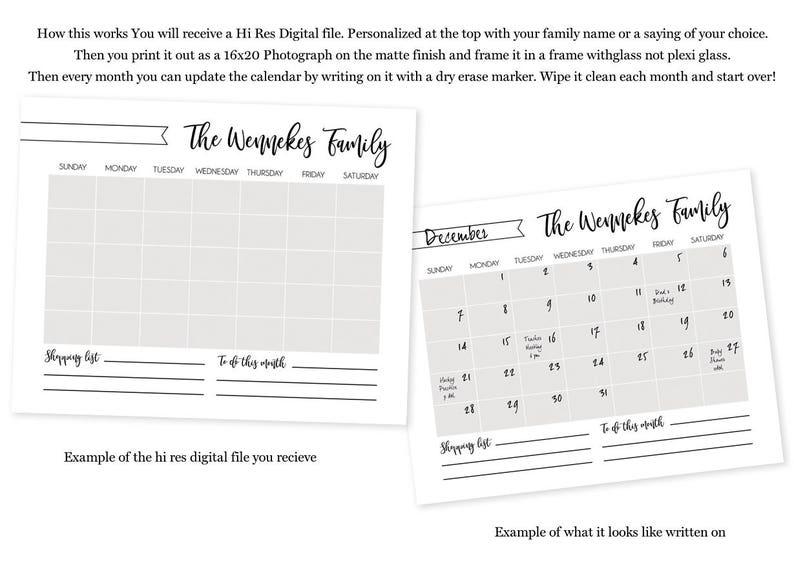 Personalized Calendar Printable Family Calendar Gift for - Etsy
