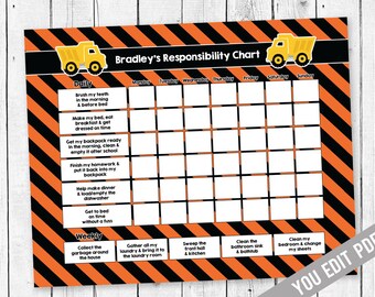 Construction Chore Chart for kids, Reward Chart, Responsibility Chart, Weekly Chart, Editable Chore Chart PDF, Boys Chore Chart printable