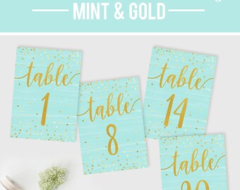 Wedding Table Numbers, Mint Gold Table Numbers, Reception Confetti Table Numbers, DIY Wedding, Printable Table Numbers, Rustic Wedding