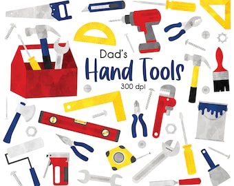 Paquete de imágenes prediseñadas de herramientas manuales, imágenes prediseñadas de la caja de herramientas de papá, martillo, sierra, llave, pintura, taladro, cinta métrica, nivel, PNG de acuarela dibujada a mano
