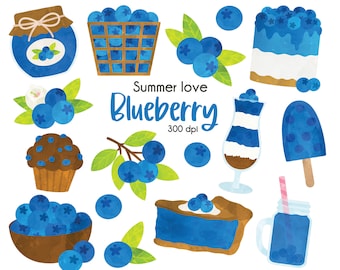 May include: A set of watercolor illustrations featuring blueberries in various forms, including a jar of blueberry jam, a blueberry pie, a blueberry muffin, a blueberry popsicle, a blueberry milkshake, a blueberry cake, and a bowl of blueberries. The illustrations are in a cartoon style and are perfect for use in digital or printed projects.