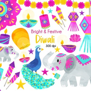 Diwali clipart, olielamp, olifant clipart, Peacock clipart, lotusbloem, Festival of Lights, lantaarn, rangoli, vuurwerk, kaarsen