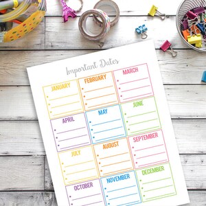 Important Dates for the Year Printable, Monthly Important Dates, Household Binder Printable, Family Binder Printable, Home organization image 3