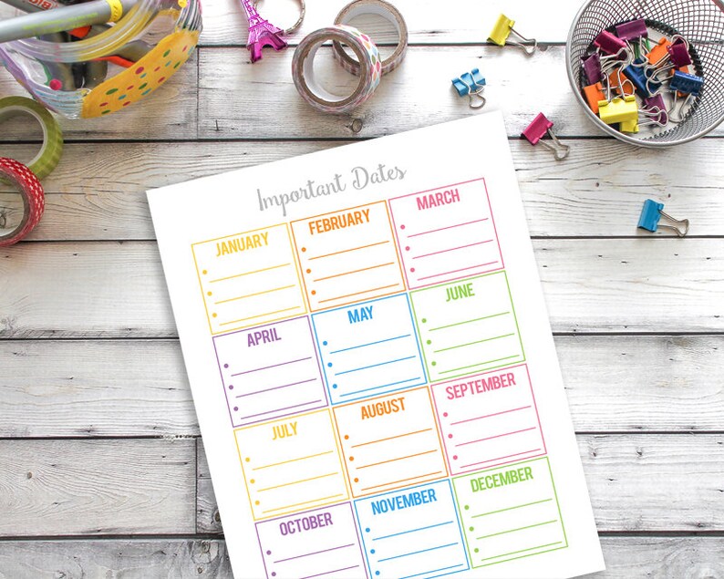 Important Dates for the Year Printable, Monthly Important Dates, Household Binder Printable, Family Binder Printable, Home organization image 3