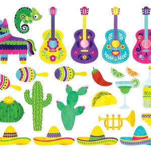 May include: A set of colorful Mexican fiesta party decorations, including a pinata, maracas, guitars, cacti, sombreros, a trumpet, a pan flute, a tequila bottle, and limes.