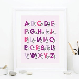 Sign Language Alphabet Art - ABC ASL Girl Printable Nursery Wall Art - Deaf Awareness - Alphabet Homeschool Decor 16x20 Playroom Art