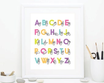 ASL Alphabet Art Wall Decor  - Sign Language Alphabet - Deaf Awareness - Deaf Culture - Fingerspelling - ABCs Education Poster Printable Art