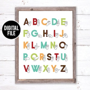 ASL, Lenguaje de Señas Americano, Cartel del Alfabeto, Carteles Educativos, ABC Print, Playroom Wall Art, Boho Classroom Decor, Homeschool Printables