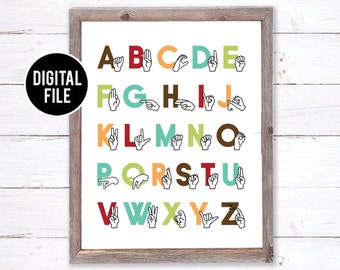 ASL, American Sign Language, Alphabet Poster, Educational Posters, ABC Print, Playroom Wall Art, Boho Classroom Decor, Homeschool Printables