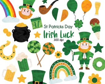 St Patrick day clipart bundle, Irish graphics digital art, Pot of gold Clip art, Hand drawn Water color Shamrock PNG, Rainbow Leprechaun