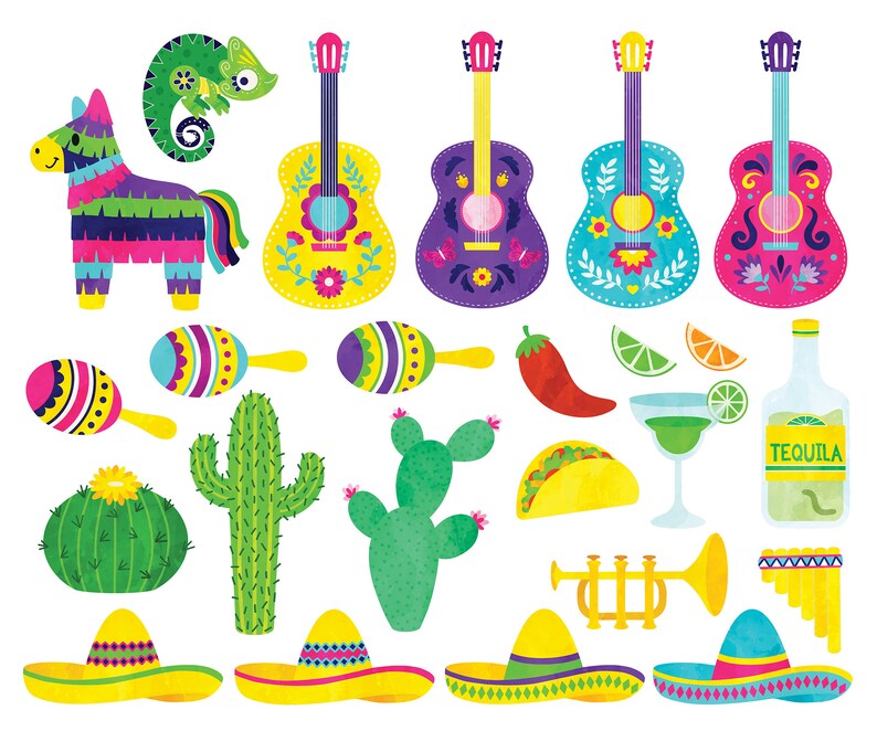 May include: A set of colorful Mexican fiesta party decorations, including a pinata, maracas, guitars, cacti, sombreros, a trumpet, a pan flute, a tequila bottle, and limes.